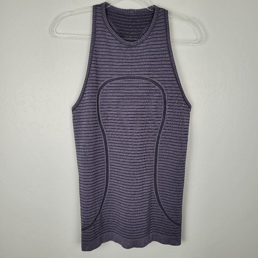 Lululemon Swiftly Tech Racerback Tank Top High Neck Striped Purple Gray Size 8